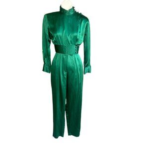 Joanie Char Vintage Emerald Green 100% Silk Formal High Neck Jumpsuit Size 6 P